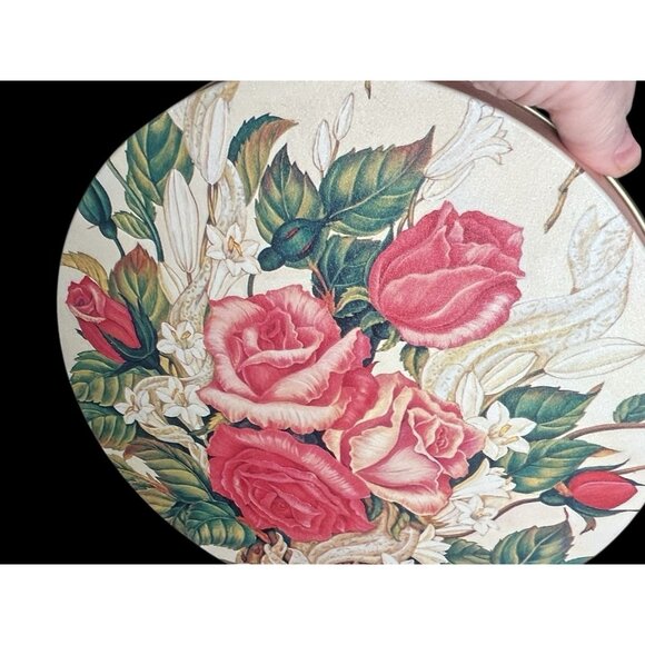 Vintage Pink Roses Collector Tin 10" x 4" Excellent Graphics Cottagecore Granny - Picture 6 of 8